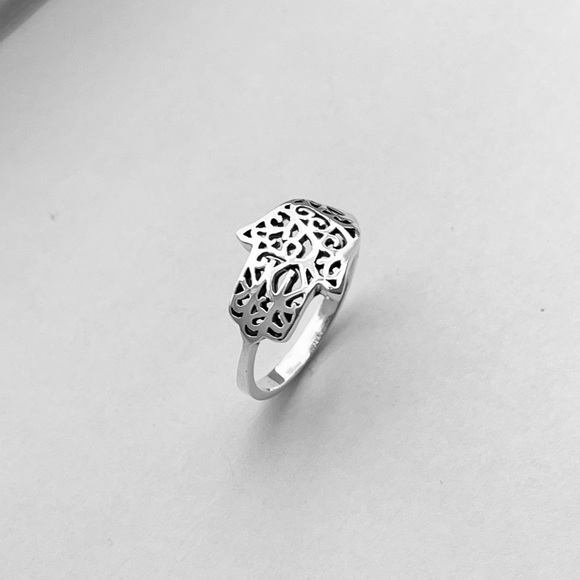White CZ Dangling Hamsa Ring - 925 Sterling Silver Hand Of God Band, Sizes 4-10 - View #8